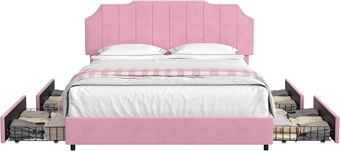 VECELO Full Upholstered Platform Bed Frame with 4 Storage Drawers,Velvet Vintage Full Bed with Nailhead Trim,Tufted Height Adjustable Headboard,Wooden Slats/No Box Spring Needed/Easy Assembly