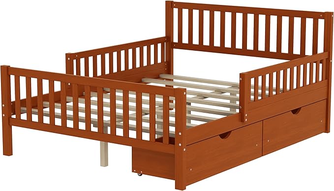 Bellemave Full Bed Frames with Storage Drawers for Kids, Full Bed with Rails, Full beds Frame for Boys/Girls/Adults, Walnut