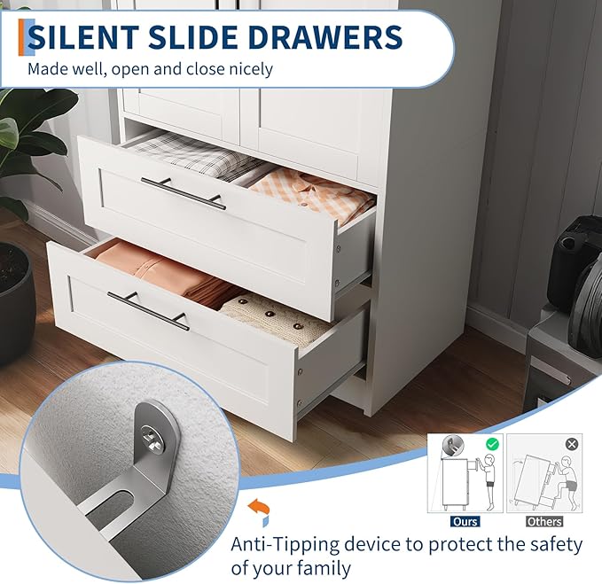 Garvee Armoire Wardrobe Closet with 2 Drawers, 70 in Tall Clothing Storage Cabinet with 2 Doors, Modern Bedroom Clothing Armoires with Hanging Rods, White