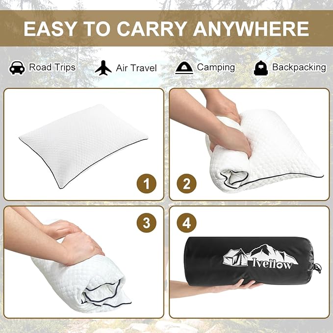 Ivellow Travel Pillow Camping Pillow for Sleeping Small Cooling Shredded Memory Foam Pillow Compressible Compact Medium Firm,Breathable Soft Cover,Outdoor Car Backpacking Hiking Essential Gear White S