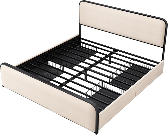 Merax Metal Platform Bed King Size with Curved Upholstered Headboard and Footboard, King Bed Frame with 4 Storage Drawers Under Bed, Heavy Duty Metal Slats, No Box Spring Needed, Easy Assembly, Beige