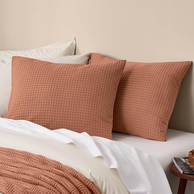 PHF Ultra Soft Waffle Weave Pillow Shams King Size, No Insert, 2 Pack 20" x 36" Pillowcases,Breathable & Skin-Friendly Pillow Cases, Stylish Decorative Bed Pillow Cases Covers,Burnt Umber