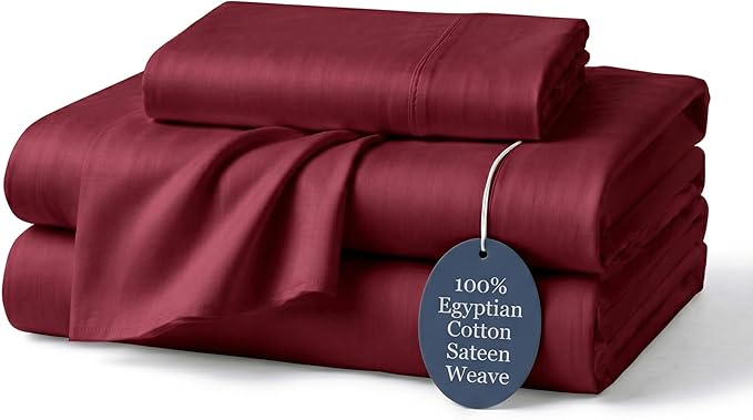 100% Egyptian Cotton Sheets Twin Burgundy - Luxury Hotel Collection Twin Size Sheet Set, Cooling & Breathable Sateen Weave, Anti Pilling Extra Long Staple Cotton, 16" Deep Pocket - 4Pc
