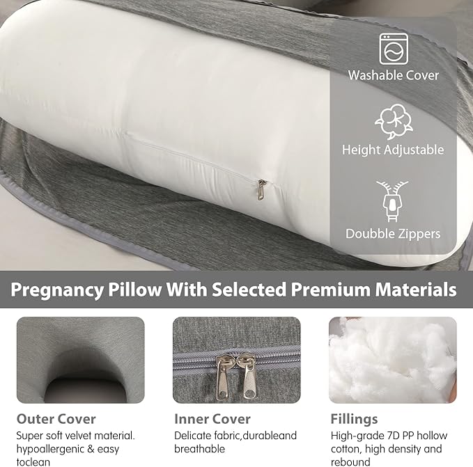 Elover Cooling Pregnancy Pillows for Sleeping,U Shaped Full Body Pillow with Removable Cover,Pregnant Women Must Haves,Maternity Essential,Black Grey