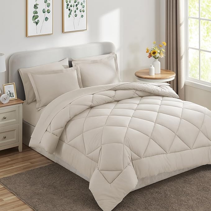 CozyLux Oversized Queen Comforter Set Beige - 7 Pieces Bed in a Bag Comforter Set with Sheets, Luxury Soft Bed Set All Seasons, Bedding Set with Down Alternative Comforter, Sheets, Pillowcases & Shams