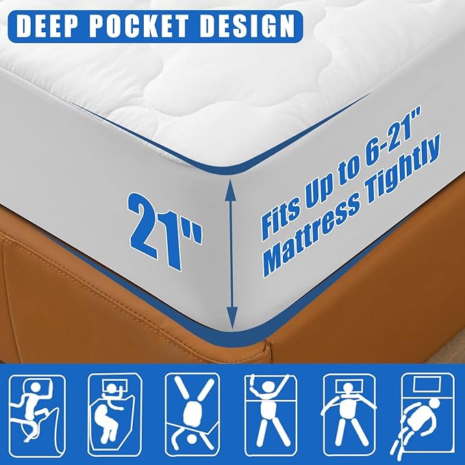 Waterproof Mattress Protector King Size, 6''-21'' Deep Pocket Fitted Quilted Mattress Pad Cover, Breathable, Hollow Cotton Alternative Filling Mattress Pad Cover, King Size