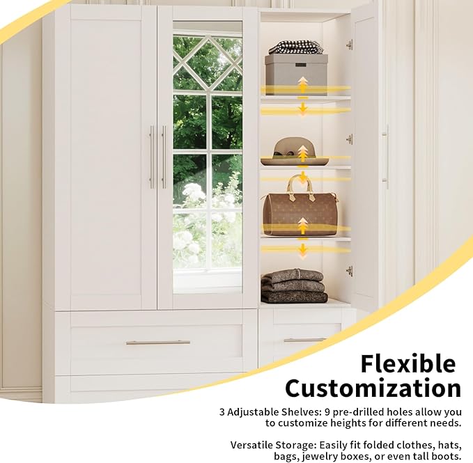 Armoire Wardrobe Closet with 8 Deep Drawers, Wooden Wardrobe Closet with Doors and Shelves, 71" Tall Large Wardrobe Bedroom Armoires with Center Mirror & Hanging Rod, Set of 2, White
