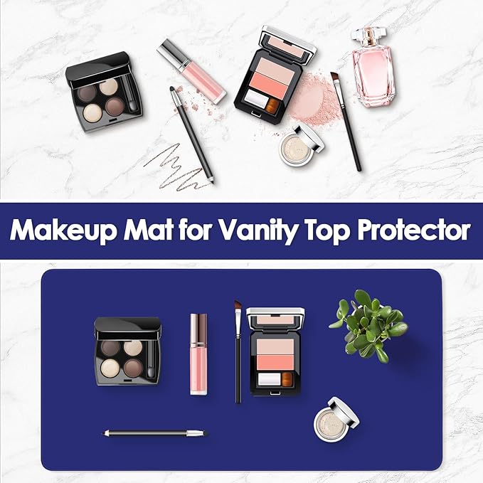Makeup Mat for Vanity to Protect Desk Top 23.6 x 11.8 in, Dual-Sided Makeup Mat, Easy to Clean Desk Pad - Waterproof and Oilproof Vanity Accessories (Navy Blue and Yellow)