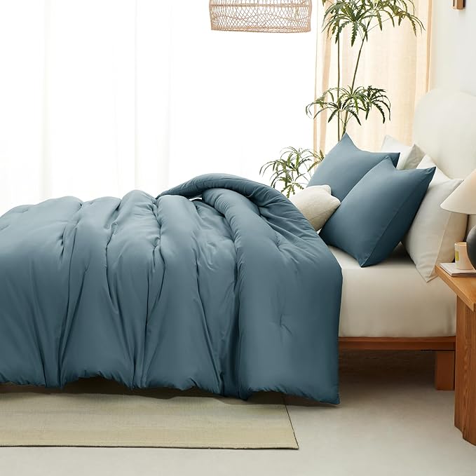 CozyLux Queen Comforter Set Mineral Blue, 3 Pieces Solid Comforters Queen Size Breathable Bedding Sets, Luxury Soft Lightweight Bed Set with Down Alternative Comforter and 2 Pillowcases All Seasons