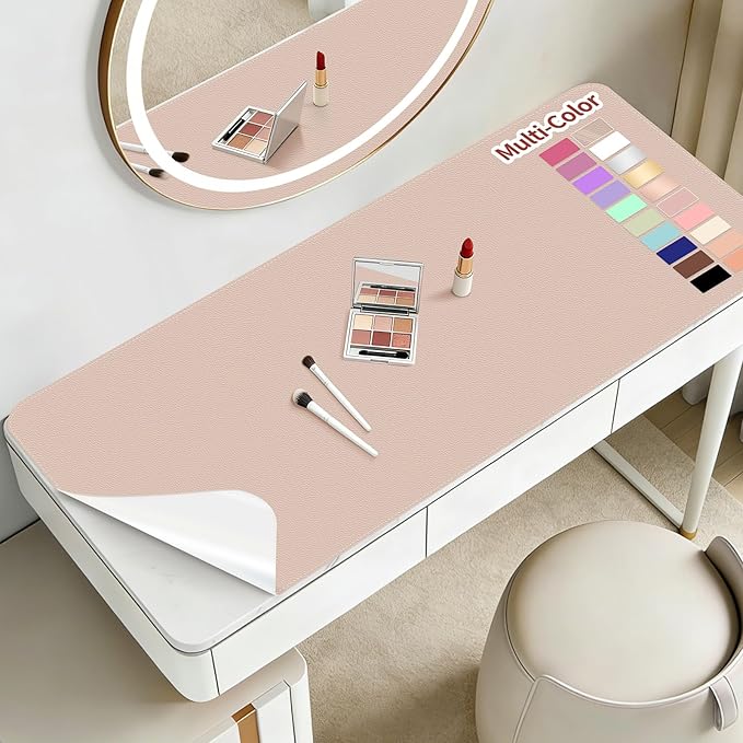 Makeup Mat for Vanity to Protect Desk Top, Dual-Sided Makeup Mat, Easy to Clean Desk Pad - Waterproof and Oilproof Vanity Accessories, 31.5 x 15.7 in (Khaki and White)
