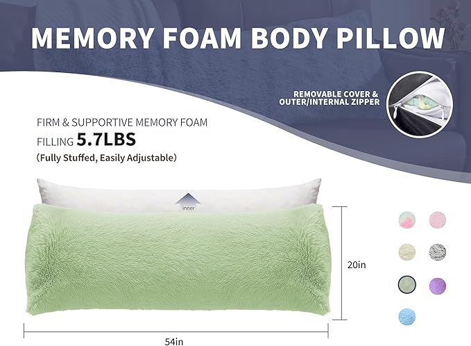 WSOFRLAC Large Memory Foam Body Pillow with Removable Long Firm 20x54 Body Pillow Cases for Bed Green Pregnancy Custom Body Pillows Snuggles Pillows Body Machine Washable