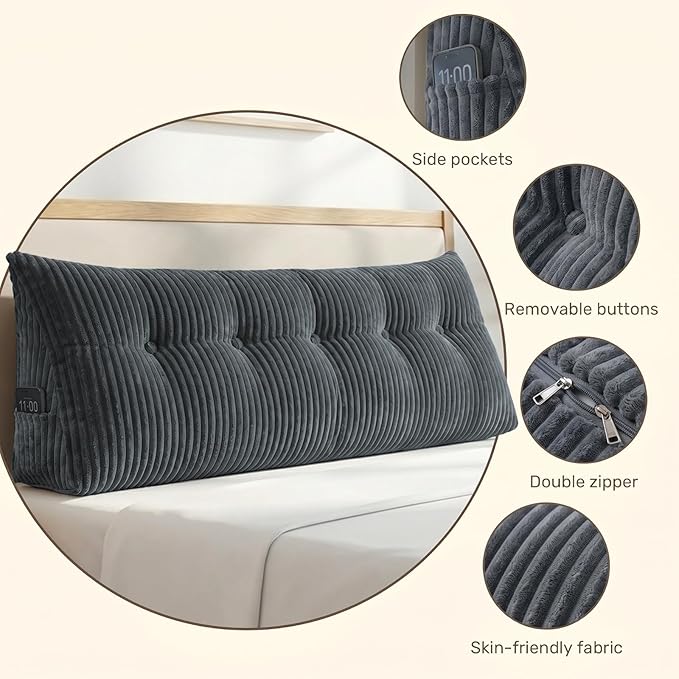 Deodar Headboard Pillow Queen, Wedge Pillows Headboard Triangle Reading Back Pillow with Removable Cover for Dorm Gaming Sleeping TV, Grey
