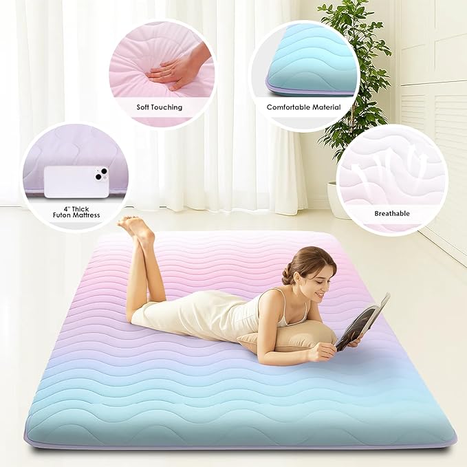 SCHNAUZER HOME Japanese Floor Futon Mattress, 3.5" Thicken Colorful Rainbow Portable Floor Mattress, High-Density Foam Tatami Mat Sleeping Pad for Camping Guest Room Dormitory RV, Full