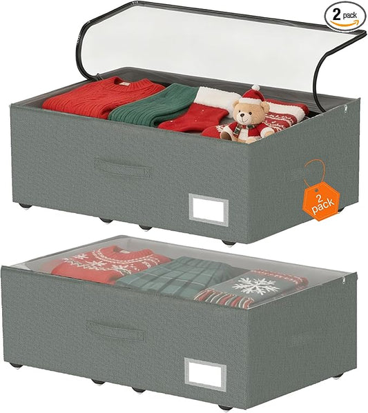 Under Bed Storage with Wheels, 2-Pack Under Bed Storage Containers, No Assemble Required 10 inches Height, Rolling underbed storage Drawers, Underbed Storage Bins for Shoes, Clothes, Blankets, Toys