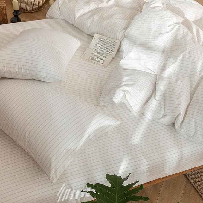 MooMee Striped Duvet Cover Set 100% Washed Cotton Linen Like Textured Breathable Durable Soft Comfy (White Almond Milk Grey Wide Stripes, Palatial King/Oversized King 120"x98")
