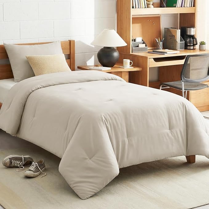 CozyLux Twin Comforter Set Beige, 2 Pieces Twin Extra Long Solid Breathable Bedding Sets for College Dorm, Twin XL Luxury Soft Bed Set with Down Alternative Comforter and 1 Pillowcase All Seasons