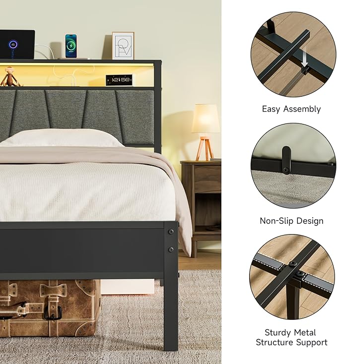 Z-hom Storage Headboard with Charging Station Twin Bed Frame, LED Bed with Upholstered Headboard and Footboard, Metal Platform Bed with 2-Tier Shelves, Easy Assembly, No Box Spring Needed, Noise Free