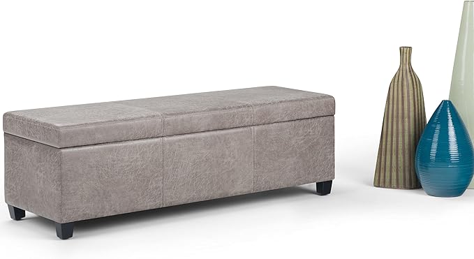 SIMPLIHOME Avalon Storage Ottoman Bench - 48" Wide x 16" High Upholstered Vegan Leather Rectangular Lift-Top Ottoman in Distressed Grey Taupe, Contemporary Bench for Living Room with High-Density Foam