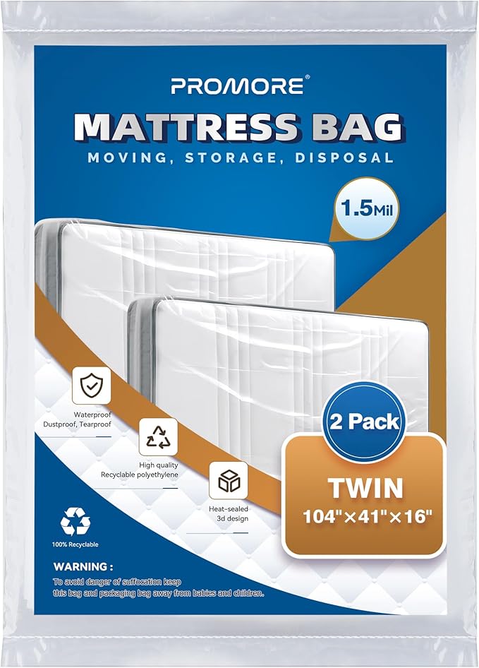 2PK Mattress Bags for Disposal Moving or Storage, Plastic Waterproof Clear Mattress Protector Covers - (Twin Size 1.5Mil)