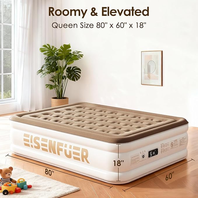 Air Mattress Queen with Built-in Pump – 18" Raised Inflatable Bed with High Speed Built-in Pump, Stable and Durable, colchón inflable, Carry Bag, Cozy Guest Air Bed for Sleepovers, Glamping, Moving