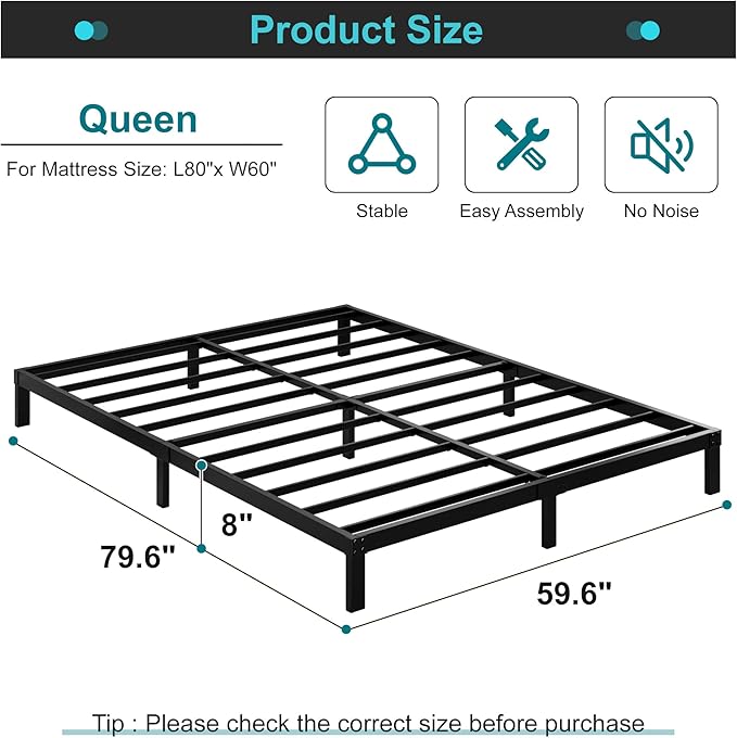 Maenizi 8 Inch Bed Frame Queen Size No Box Spring Needed, Heavy Duty Queen Platform Metal Bed Frame Support Up to 3000 lbs, Easy Assembly, Noise Free, Black