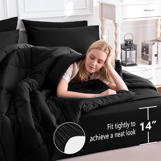CozyLux King Size Comforter Set Black, 7 Pieces Bed in a Bag, Black Comforter King Size, All Season Bedding Sets with Stitch Quilted Comforter, Flat Sheet, Fitted Sheet, Pillowcases