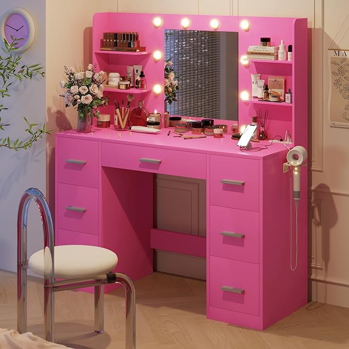 YESHOMY Vanity Desk with Mirror, Power Outlet and 10 Lights, Makeup Table with 7 Drawers, 3 Color Modes Available for Bedroom, Dark Pink