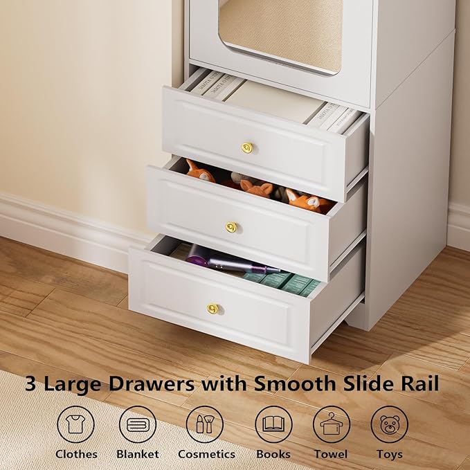 Armoire Wardrobe Closet, Updated Bedroom Armoires Cabinet with Mirror Door and 3 Drawers, 15.7" W White Clothing Storage Cabinet with Hanging Rod & Sensor Light for Bedroom-Right
