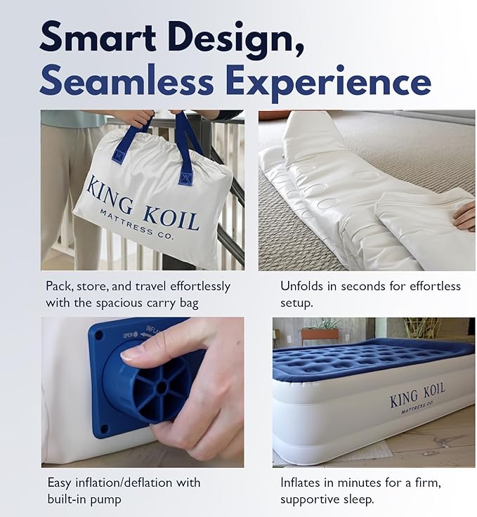 King Koil Luxury Queen Air Mattress with Built-in Pillow & Ultra-Fast Built-in High-Speed Pump, 20″ Inflatable Premium Airbed, Waterproof, Adjustable Firmness, 1-Year Manufacturer Warranty