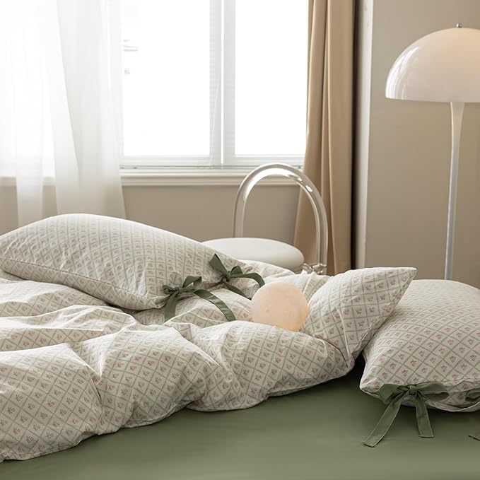 mixinni Red Floral Duvet Cover Set Queen Size - 100% Cotton Green Grid Bedding with Bow Ties, 3PC Cottagecore Comforter Cover (1 Duvet Cover + 2 Pillowcases) Vintage Garden Style Soft Aesthetic