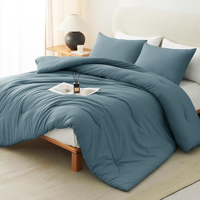 CozyLux Queen Comforter Set Mineral Blue, 3 Pieces Solid Comforters Queen Size Breathable Bedding Sets, Luxury Soft Lightweight Bed Set with Down Alternative Comforter and 2 Pillowcases All Seasons
