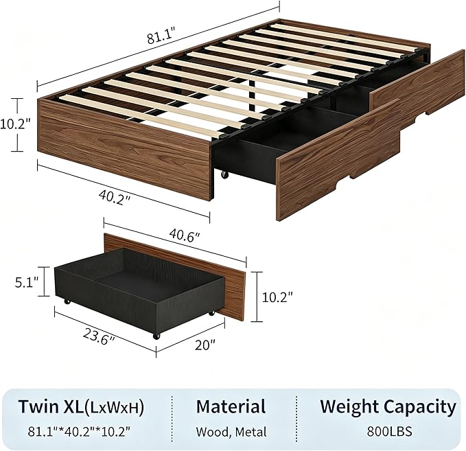 IDEALHOUSE Twin XL Bed Frame with 2 Storage Drawers, Wooden Bed Frame Without Headboard, Minimalist Floor Platform Bed, Wood Slat Support, Noise Free, No Box Spring Needed, Easy Assembly