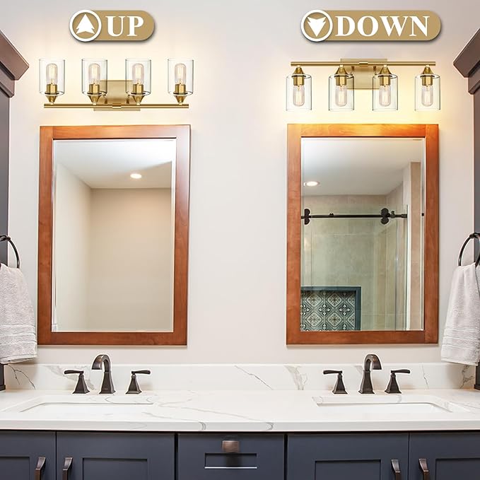 Brushed Gold Vanity Light,4 Light Gold Bathroom Light Fixtures,Bathroom Lights Over Mirror with Clear Glass Shade,Modern Wall Lighting for Mirror Bedroom Vanity Hallway