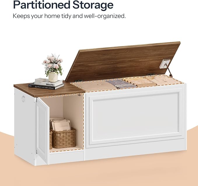 HOOBRO Storage Bench, 47.2" Wooden Toy Box, Toy Chest with Safety Hinge, Farmhouse-Style Storage Chest, Entryway Bench, for Living Room, Bedroom, Hallway, White and Walnut WH54CW01