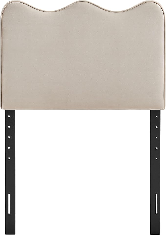 Monday Athena Twin Size Performance Velvet Adjustable Headboard in Almond - with Scalloped Wave Design and Stain-Resistant Velvet Upholstery