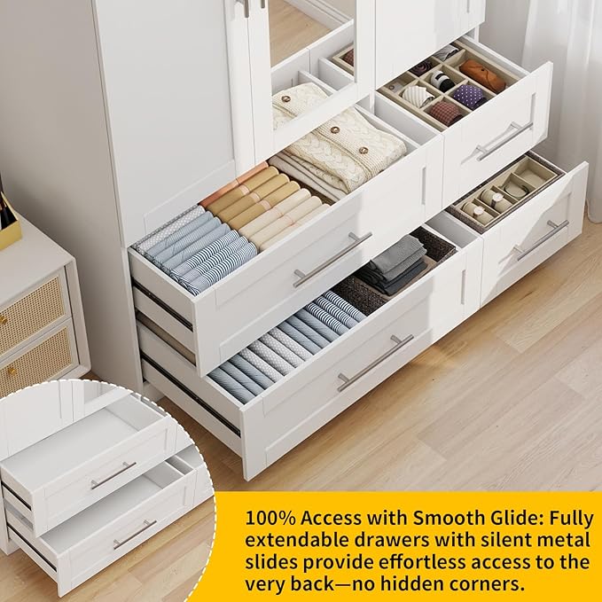 Wardrobe Closet with 4 Deep Drawers, Wooden Wardrobe Closet with Doors and Mirror, White Bedroom Armoires Wardrobe Cabinet Closet with Hanging Rod & Shelves, 71" Tall