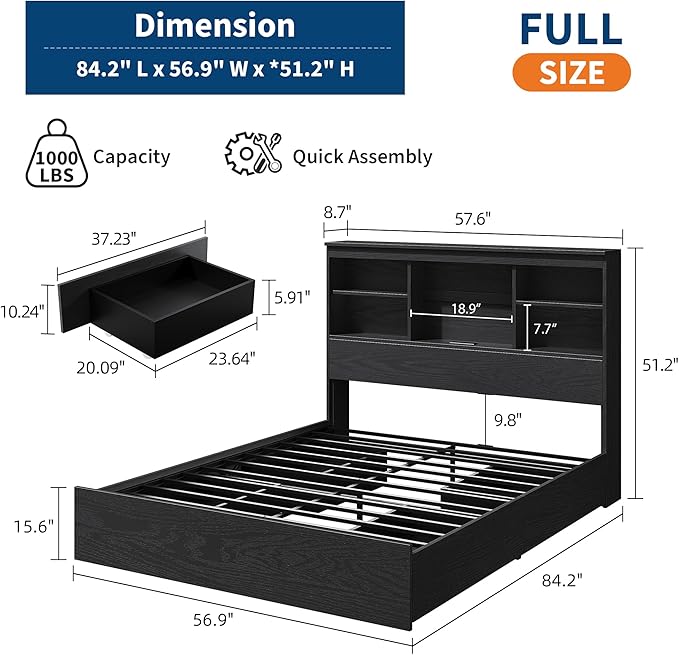 GarveeHome Full Size Bed Frame with High Storage Bookcase Headboard, Wood Bed Frame with 4 Storage Drawers, Built in Charging Station, No Box Spring Needed, Metal Frame, Noise-Free, Vintage Black