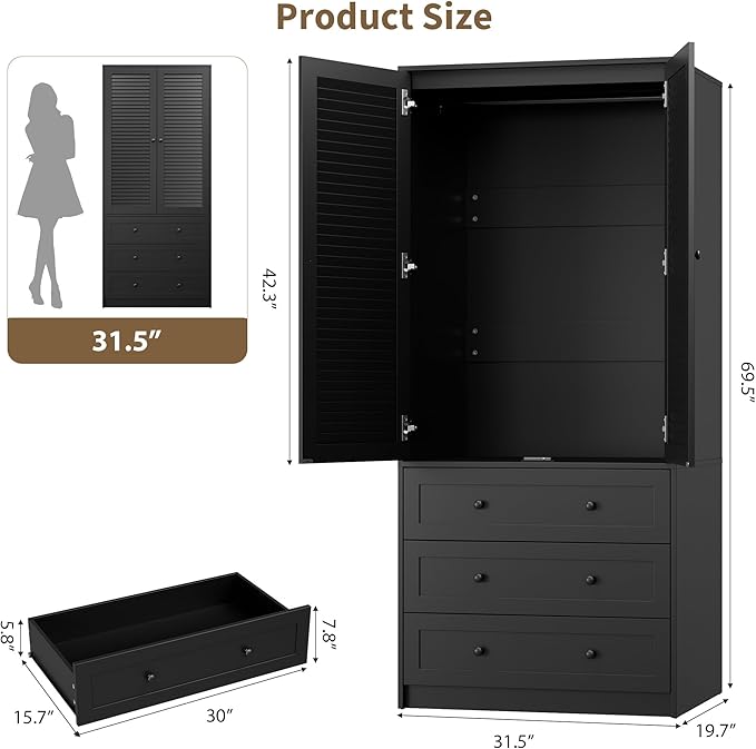 GarveeHome Armoire Wardrobe Closet with 3 Drawers, 69.5" Wooden Wardrobe Cabinet, Hanging Rod, 2 Doors Clothing Storage Cabinet for Bedroom, Large Capacity Storage, Louvered Door, Black