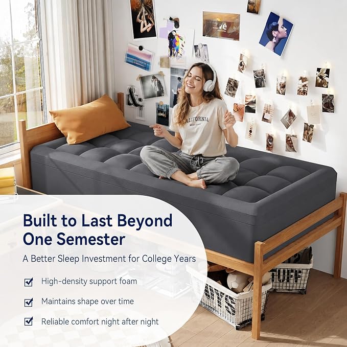 ELEMUSE Dual Layer 3 Inch Memory Foam Mattress Topper Twin XL, Dorm Room 2 Inch Cooling Gel Memory Foam Plus 1 Inch Down Alternative Pillowtop Mattress Pad, College Essential, Comfort Support, Grey