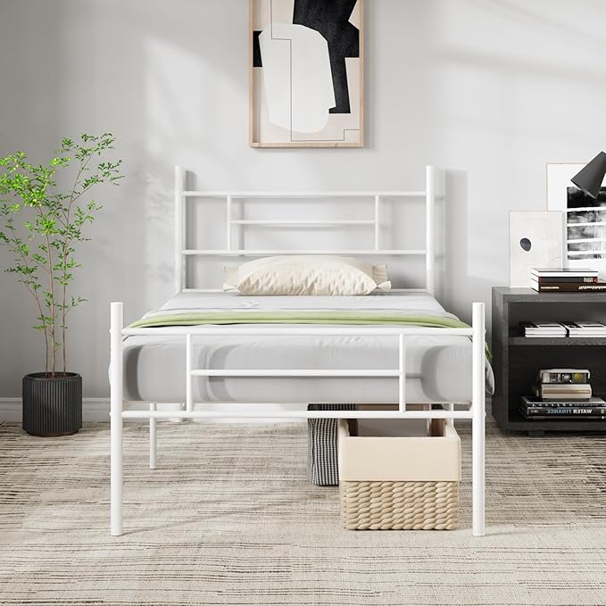 Novilla Metal Twin Bed Frame with Headboard and Footboard, 14 Inch Platform Bed Frame with Storage No Box Spring Needed, Strong Metal Slats Support, White