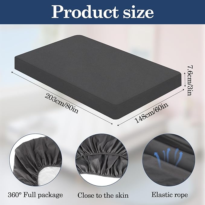 Klmnop Waterproof Mattress Topper Cover Queen Size, 2-3 Inch Memory Foam Latex Mattress Protector for RV Hotel Home, Machine Washable Dark Grey(Queen 80 x 60 Inch, Only Cover)