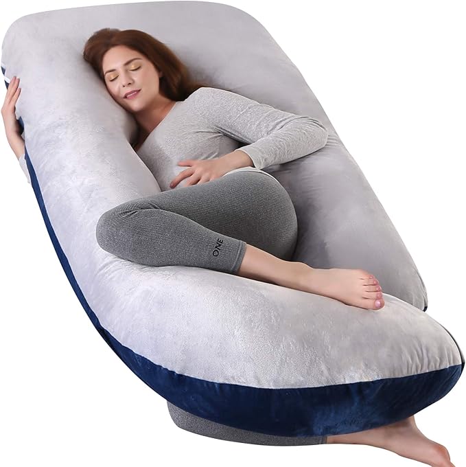 U-Shaped Full Body Pregnancy Pillow for Sleeping – 57" Maternity Pillow with Removable Cover, Support for Back, Legs, Belly & Hips (Velvet-Blue and Grey)