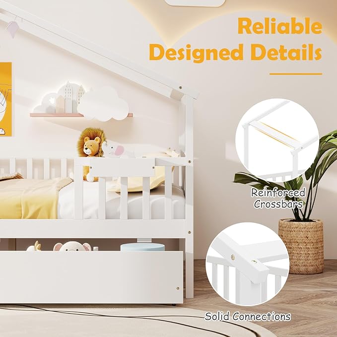 Giantex Full House Bed with Drawers, Wooden Full Size Bed Frame with Cube Storage & Fence Rails, Montessori Beds for Kids Boys Girls, Bedroom, Living Room, No Box Spring Needed, White