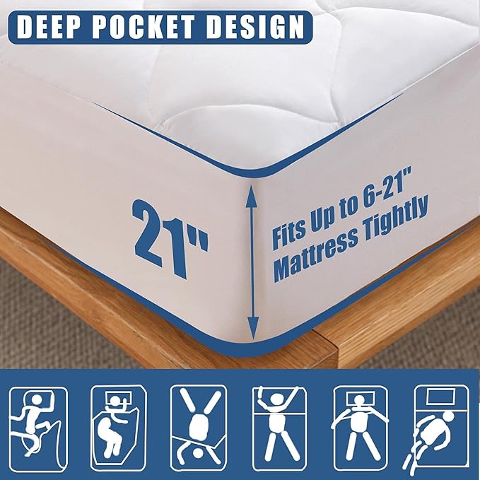 Full Size Quilted Fitted Mattress Pad, Waterproof Breathable Cooling Mattress Protector, Stretches up to 21 Inches Deep Pocket Hollow Cotton Alternative Filling Noiseless Mattress Cover
