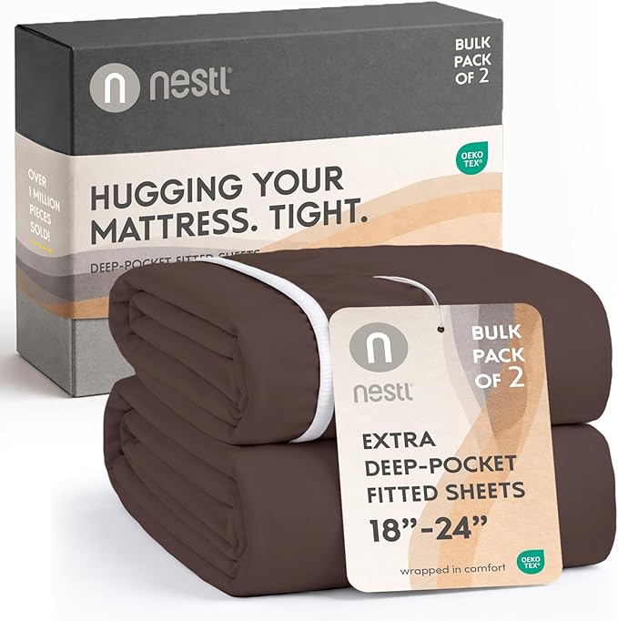 Nestl 2 Pack Chocolate Brown Fitted Sheet Extra Deep Pocket, Hotel Luxury TwinFitted Sheet Only Easily Fits 18 to 24 Inch Mattress, Super Soft, Wrinkle-Free and Breathable with Corner Straps