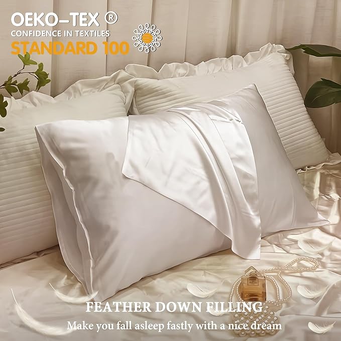 BHZ White Satin Goose Down Feather Pillows Queen Size Set of 2 with Pillowcase for Hair and Skin, Cooling Pillow Cases Similar to Silk Pillow Cases, Decorative for Women, Mom Men