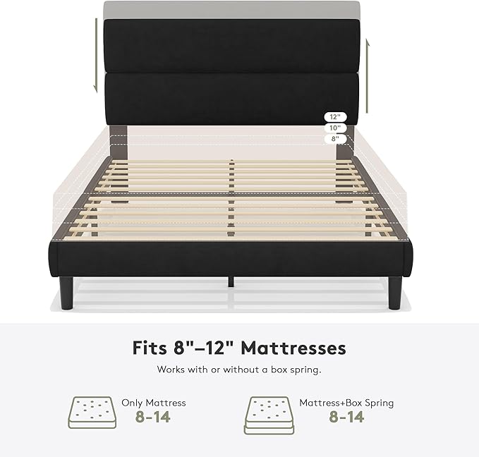 GRUSIGN Queen Size Platform Bed Frame with Velvet Headboard, Adjustable Height Wooden Slats Support, Upholstered Mattress Foundation, Fits Mattress or Mattress with Box Spring, Easy Assembly, Black
