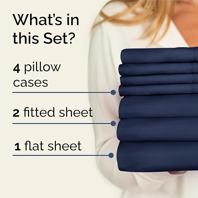 Split King 7 Piece Sheet Set - Comfy, Breathable & Cooling - Soft Hotel Luxury Bedding for Women, Men, Kids, Teens and Children - 1 Flat & 2 Fitted Sheets & 4 Pillowcases with Deep Pockets - Navy Blue