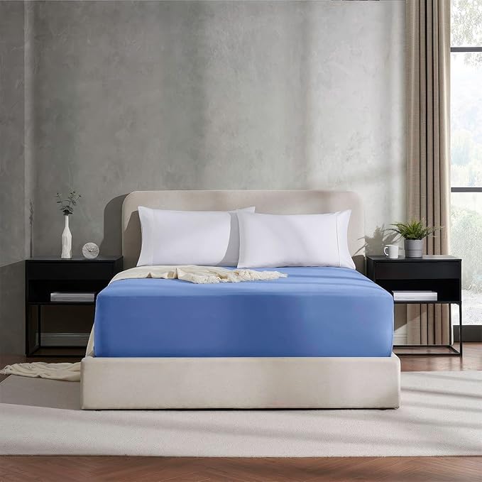 Nestl Calm Blue California King Fitted Sheet Extra Deep Pocket, Hotel Luxury Cal King Fitted Sheet Only Easily Fits 18 to 24 Inch Mattress, Super Soft, Wrinkle-Free, and Breathable with Corner Straps