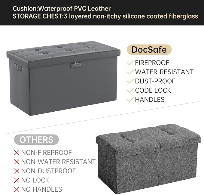 DocSafe Storage Ottoman Bench with Lock,Fireproof 30 Inches Folding Bench Foot Rest Stool Storage Chest Safe for Living Room,Bedroom,Home Office,Waterproof Leather Ottoman with Handles,Gray